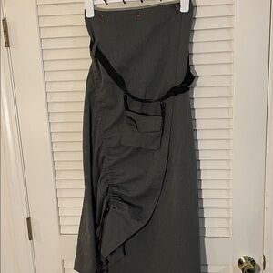 Vintage  Military Asymmetrical Gray Green Flap Ruched Skirt with Belt Pocket
